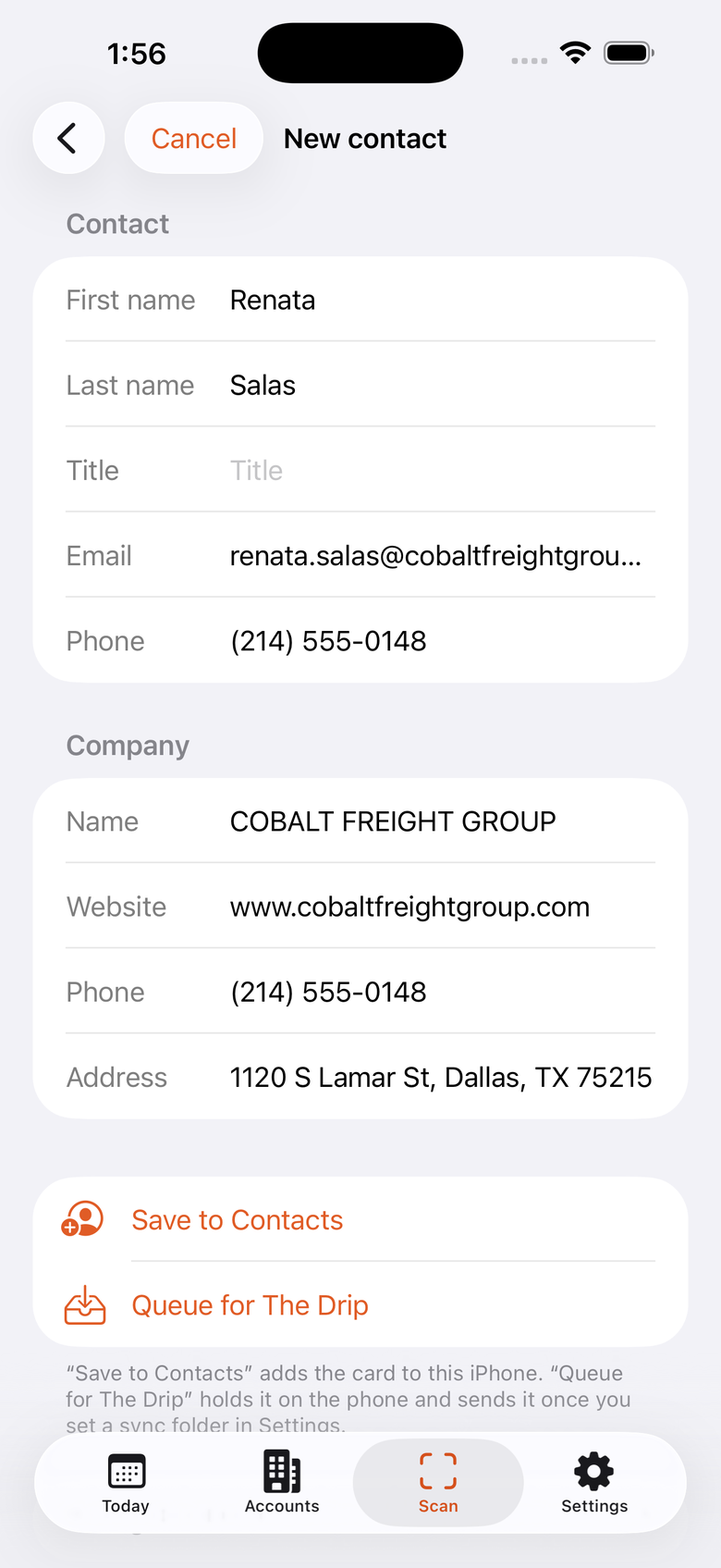 The New contact review screen: editable contact and company fields read from a scanned card, with Save to Contacts and Queue for The Drip.