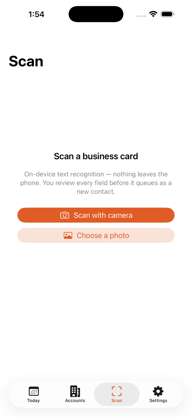 The Scan screen: Scan with camera and Choose a photo buttons, with a note that recognition runs on-device.
