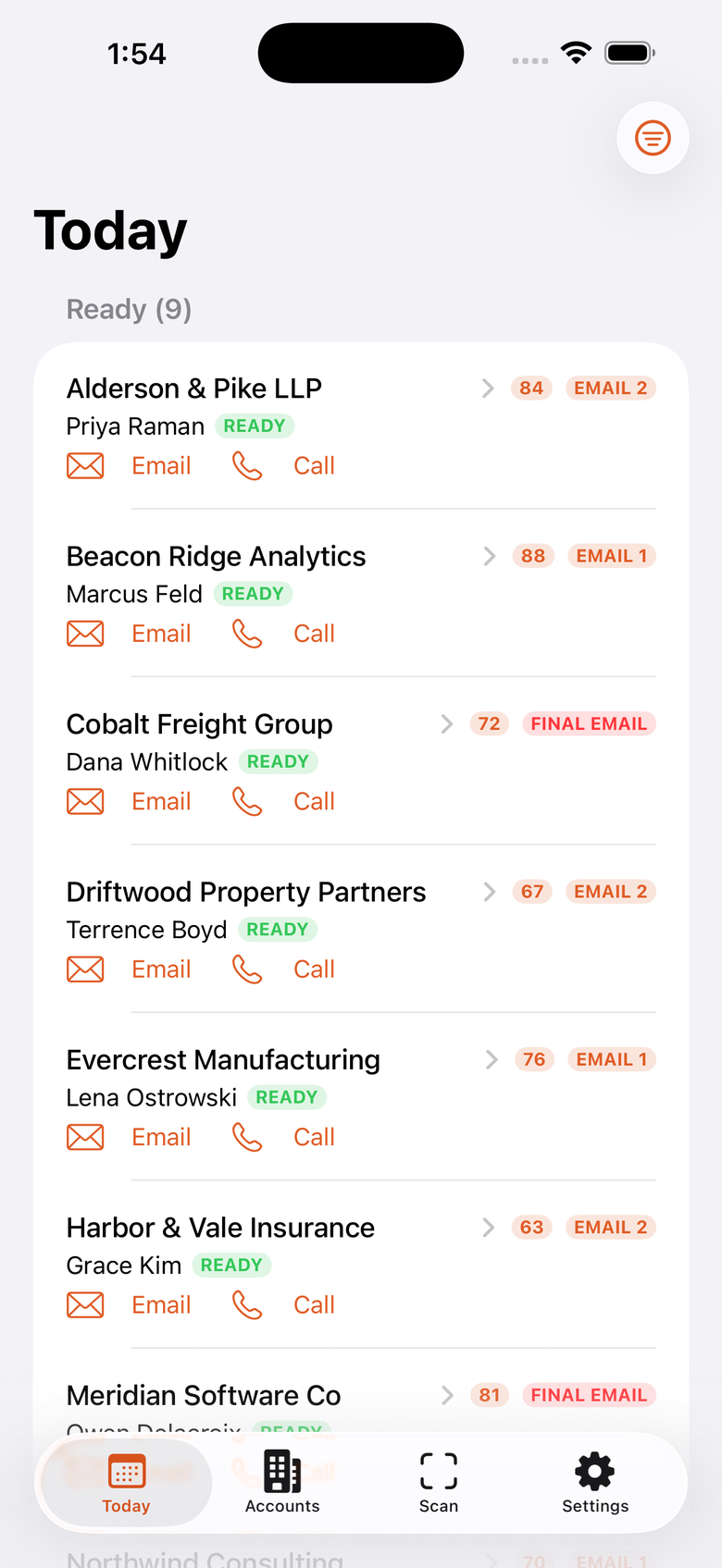 The Drip for iPhone — the Today screen showing the day's ready call and email actions, each with an account score.
